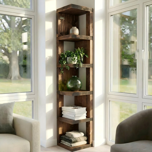 Valora Solid Wood Corner Bookshelf In Walnut Colour – Natural Finish Open Bookcase, Rustic Scandinavian Design