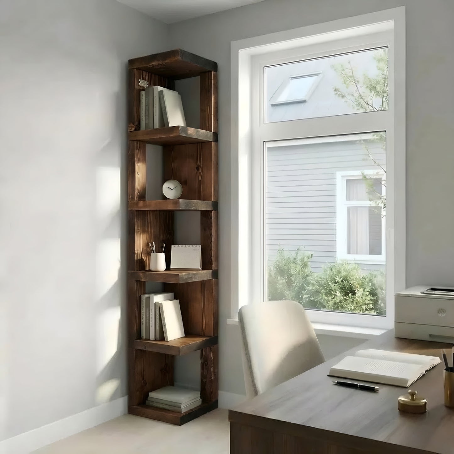 Valora Solid Wood Corner Bookshelf In Walnut Colour – Natural Finish Open Bookcase, Rustic Scandinavian Design
