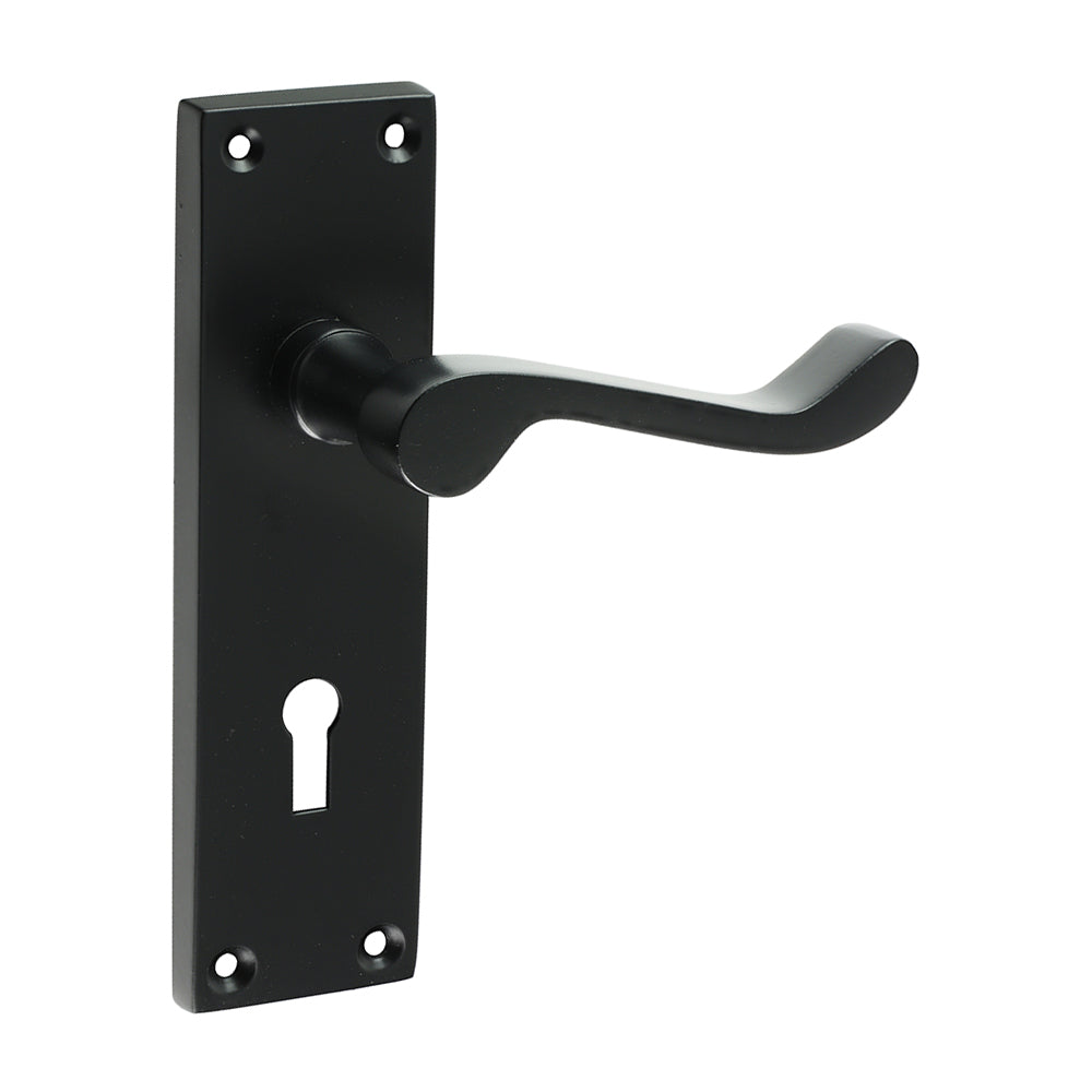 Victorian Scroll Lock Door Handle – Matt Black - 152 × 42