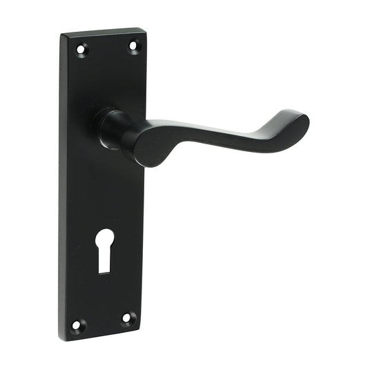 Victorian Scroll Lock Door Handle – Matt Black - 152 × 42