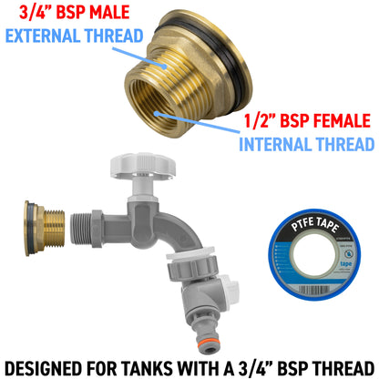 Water Butt Brass Kit 3/4" with Grey Dial Tap + Two-Way Splitter and Drill Bit
