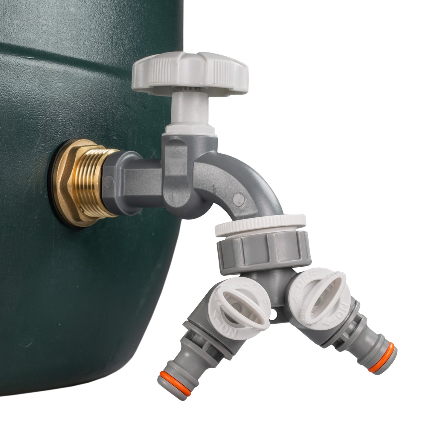 Water Butt Brass Kit 3/4" with Grey Dial Tap + Two-Way Splitter and Drill Bit