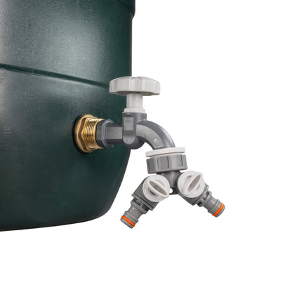 Water Butt Brass Kit 3/4" with Grey Dial Tap + Two-Way Splitter and Drill Bit