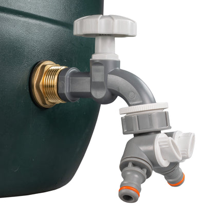 Water Butt Brass Kit 3/4" with Grey Dial Tap + Two-Way Splitter and Drill Bit
