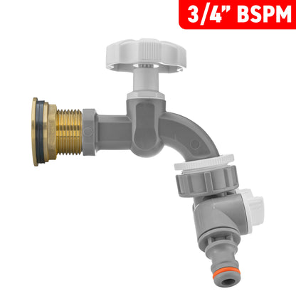 Water Butt Brass Kit 3/4" with Grey Dial Tap + Two-Way Splitter and Drill Bit