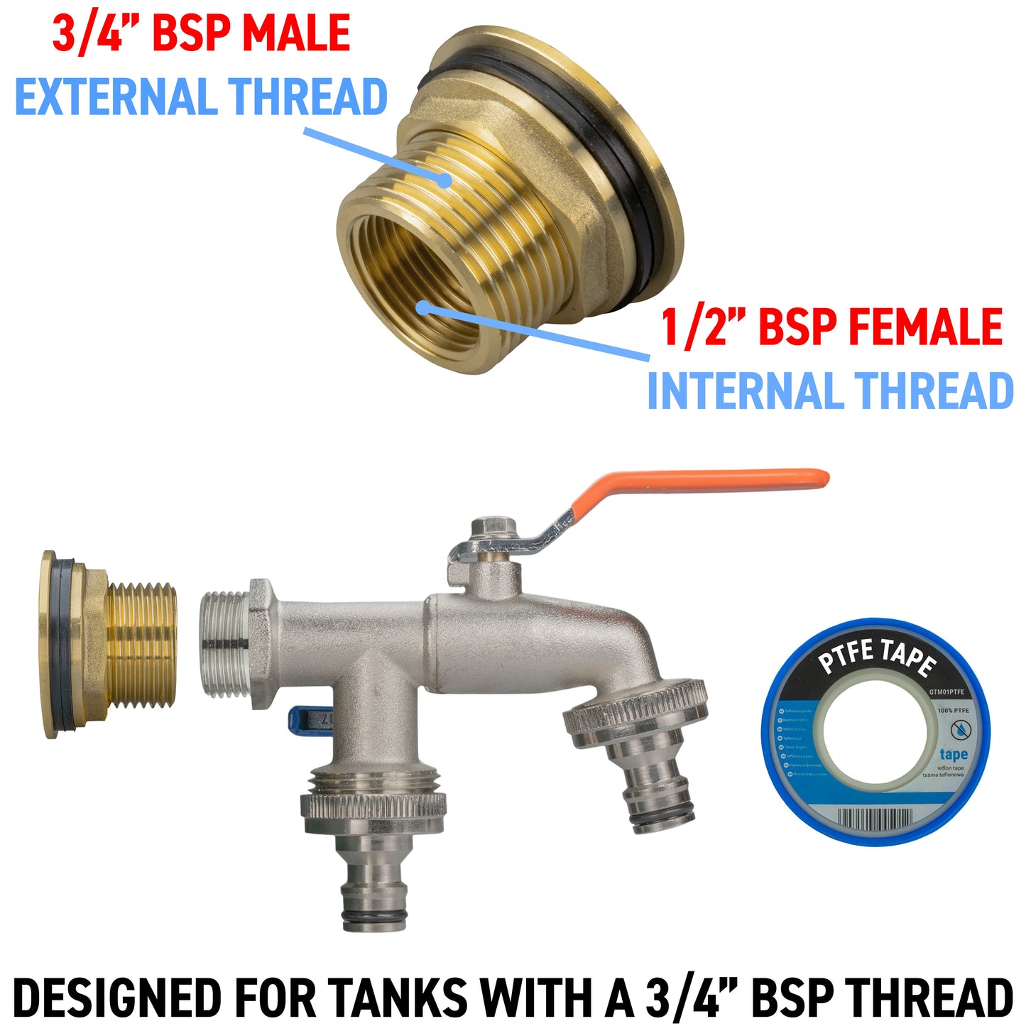Water Butt Brass Kit 3/4" with Double Quick Connect Tap and Drill Bit
