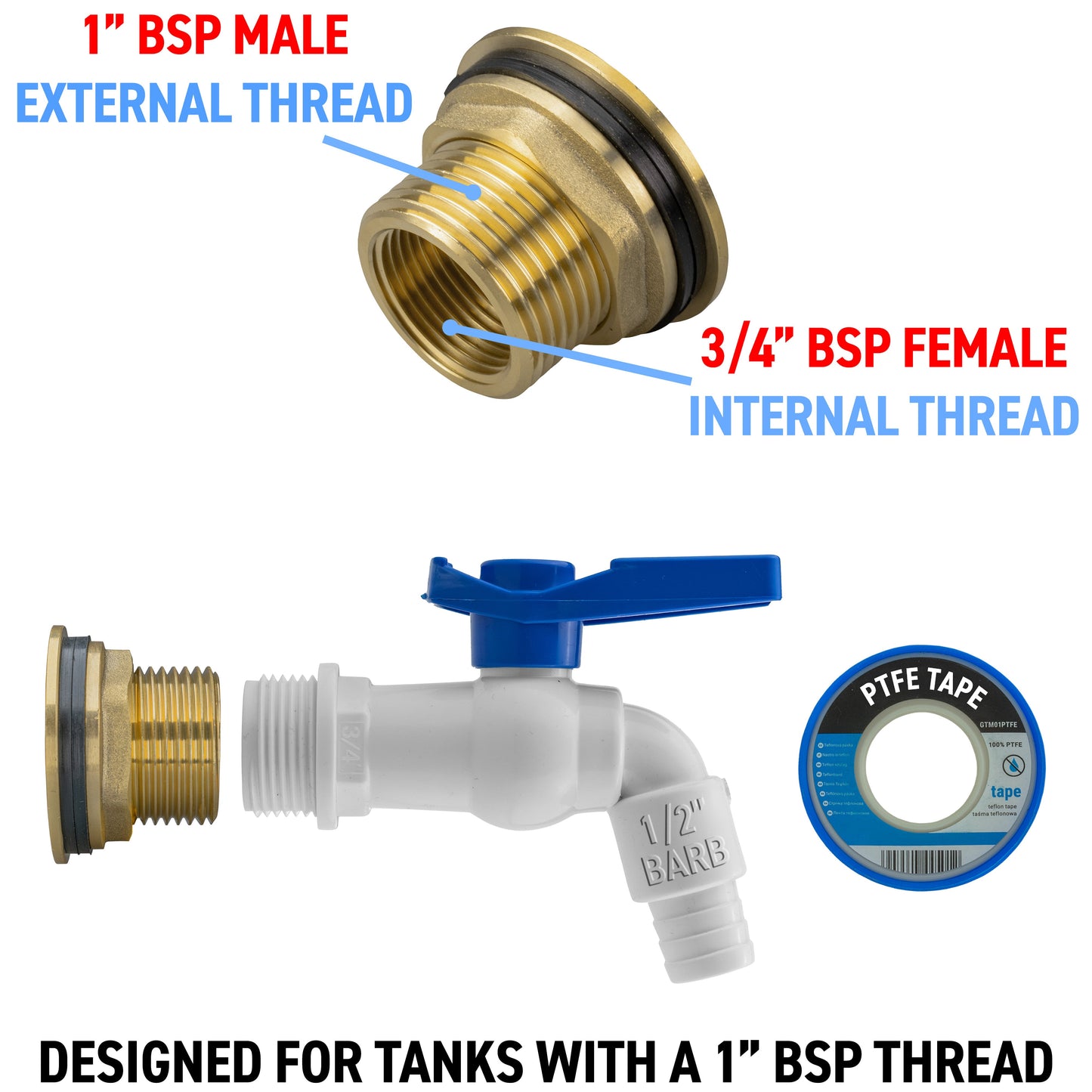 Water Butt Brass Kit 1" with White PVC Tap and Drill Bit