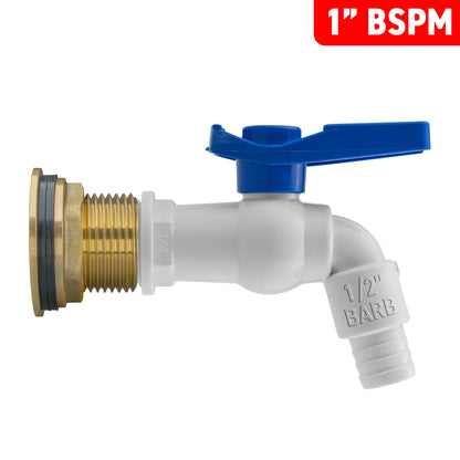 Water Butt Brass Kit 1" with White PVC Tap and Drill Bit