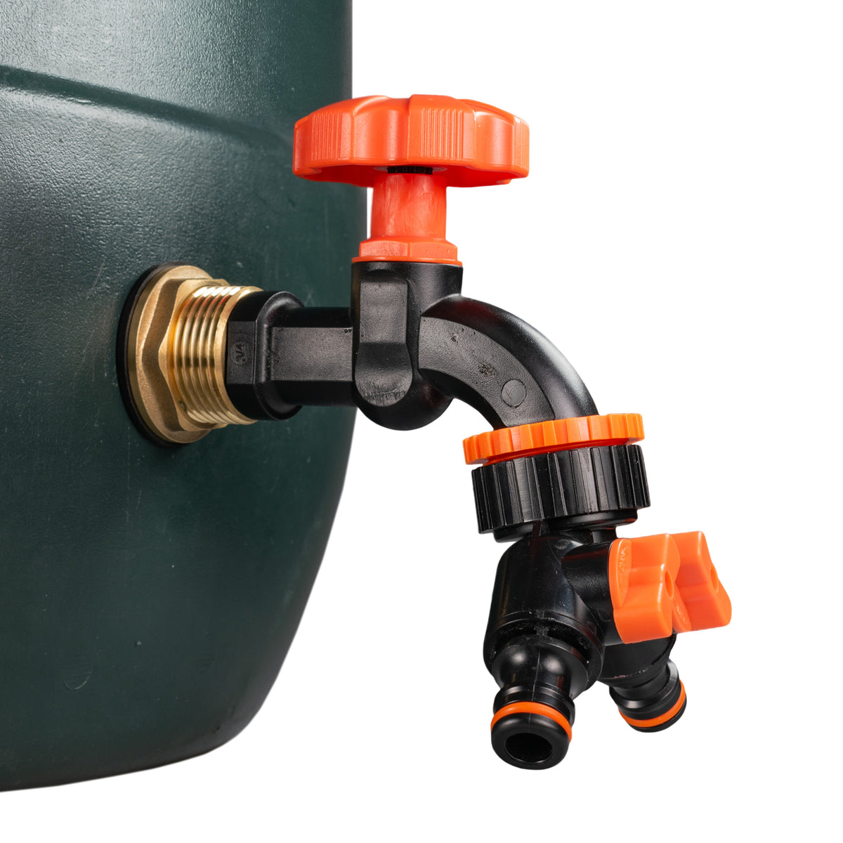 Water Butt Brass Kit 1" with Black Dial Tap + Two-Way Splitter