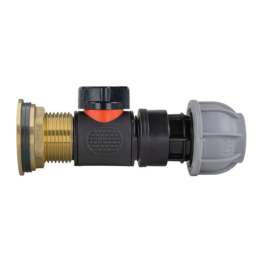 Water Butt Brass Kit 1" with In-Line Valve + 20mm MDPE