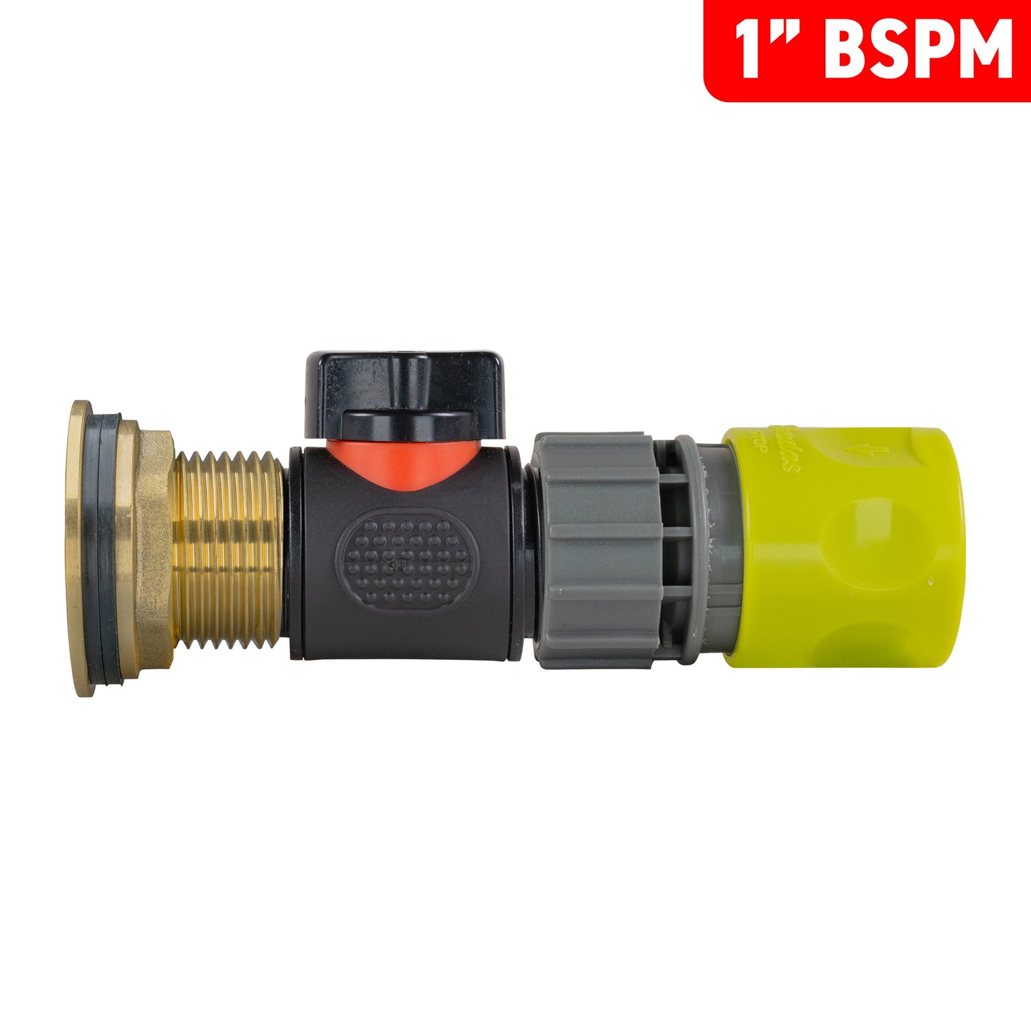 Water Butt Brass Kit 1" with In-Line Valve + Female Quick Connector Lime