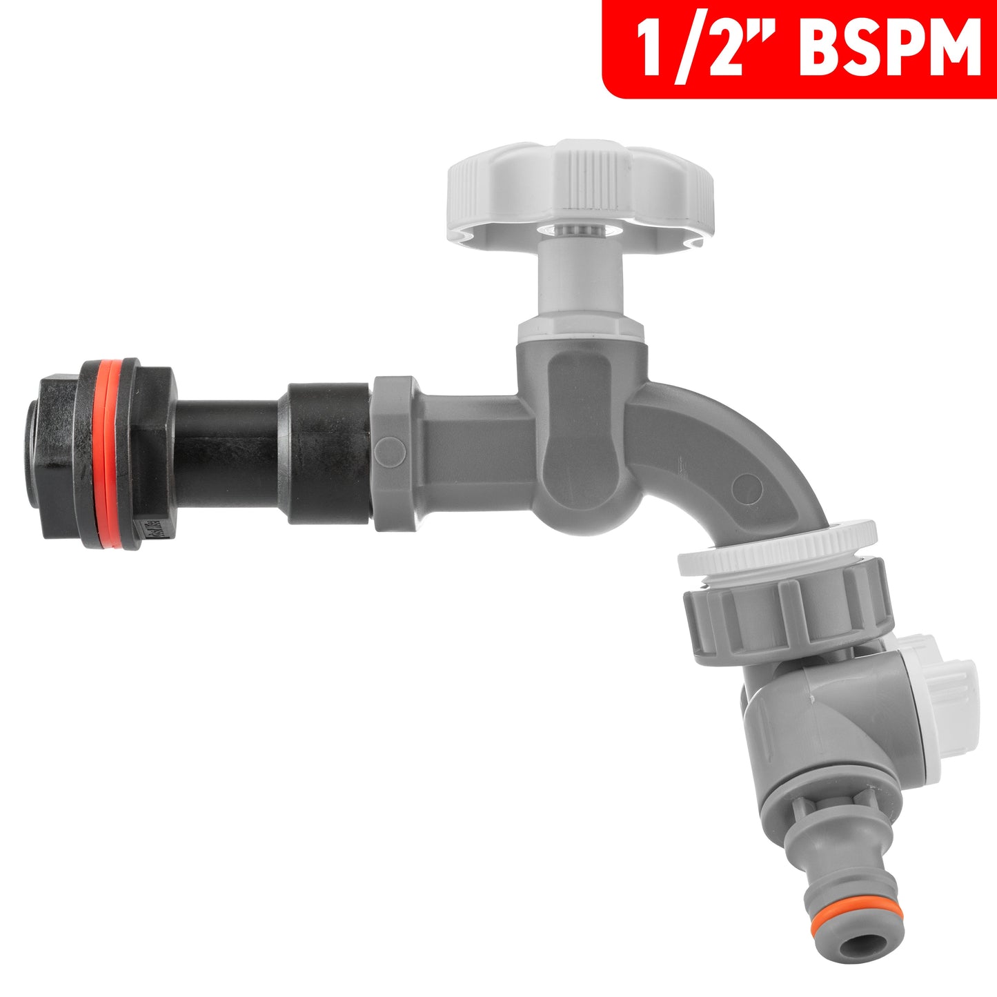 Water Butt Extension Kit 1/2" with Grey Dial Tap + Two-Way Splitter and Drill Bit