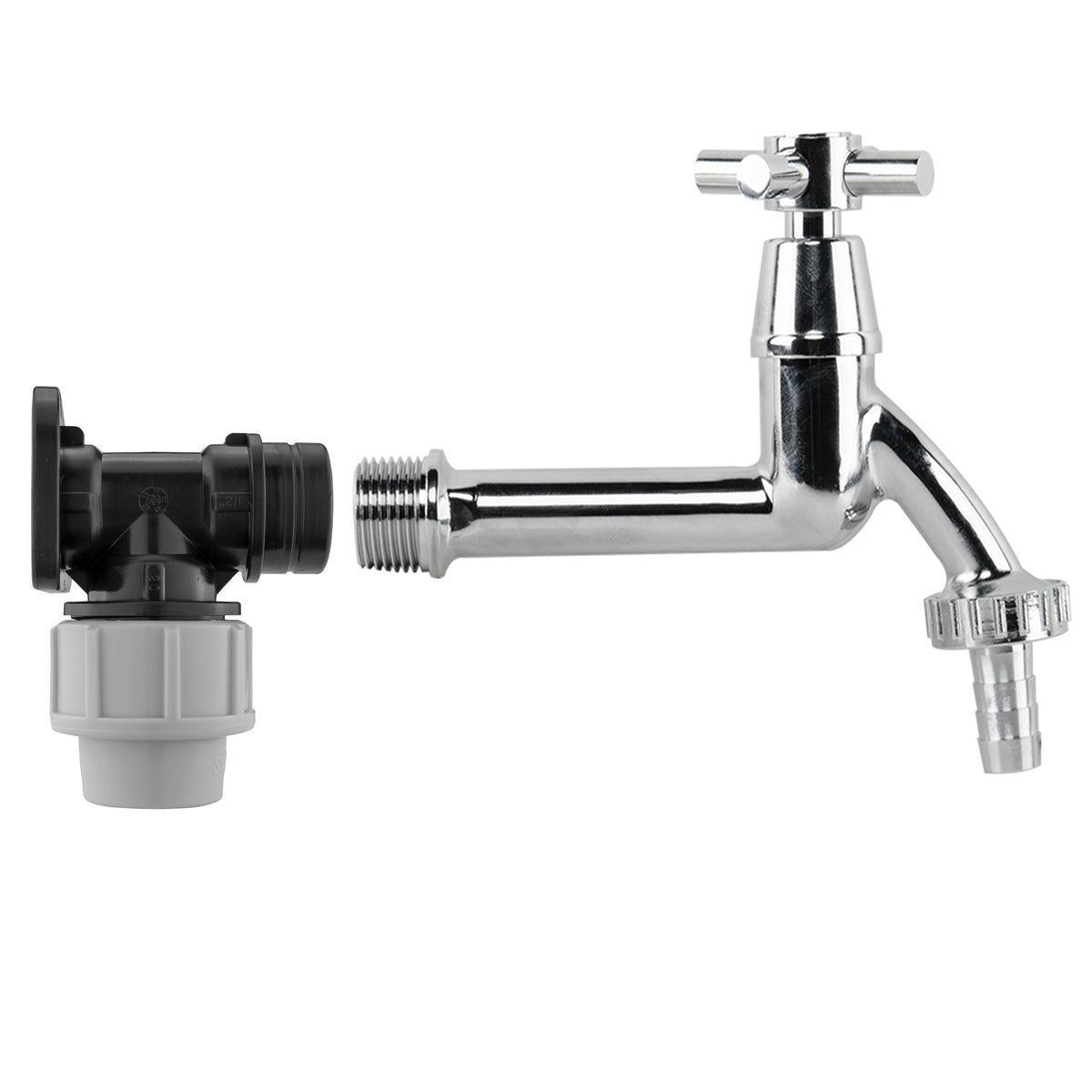 Wall Flange Kit 20mm MDPE – Extended Brass Chrome Tap ½” Barb