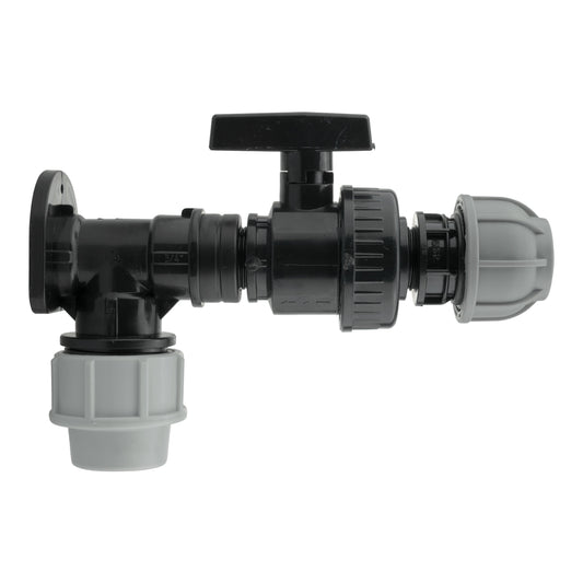 Wall Flange Kit 25mm MDPE + Large Plastic Valve & 25mm MDPE Straight
