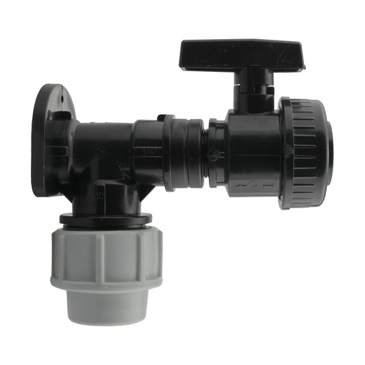 Wall Flange Kit 32mm MDPE + Large Plastic Valve 3/4" BSP