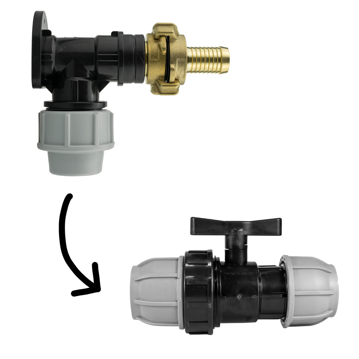 Wall Flange Kit 32mm MDPE + 32mm MDPE Valve + 19mm Barbed Geka Set