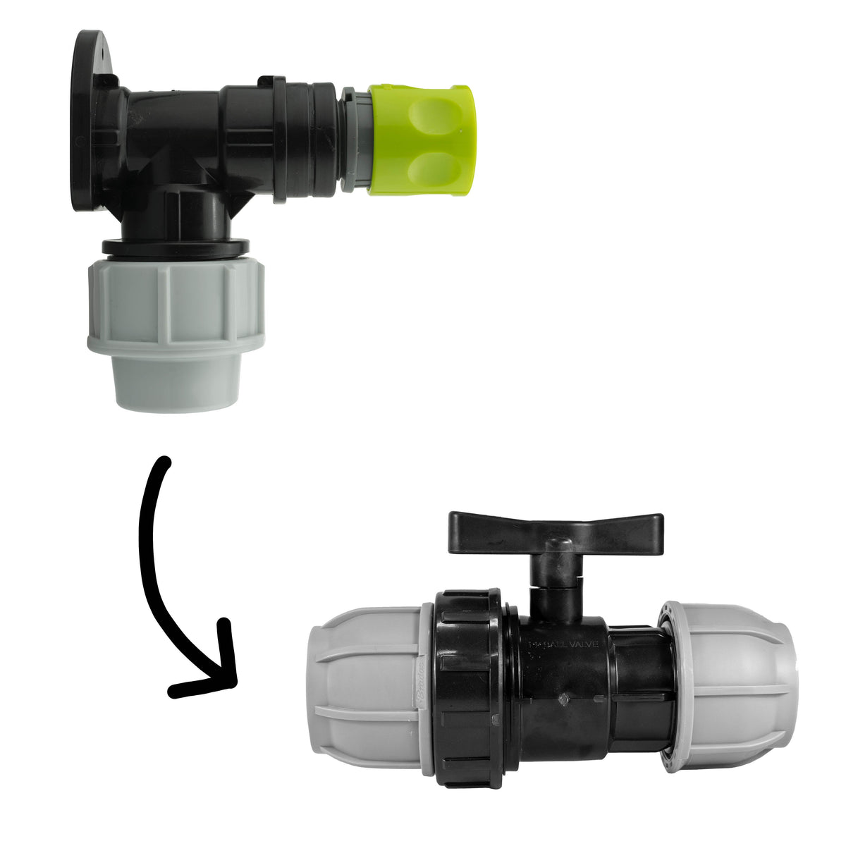 Wall Flange Kit 32mm MDPE + 32mm MDPE Valve + Female Quick Connector