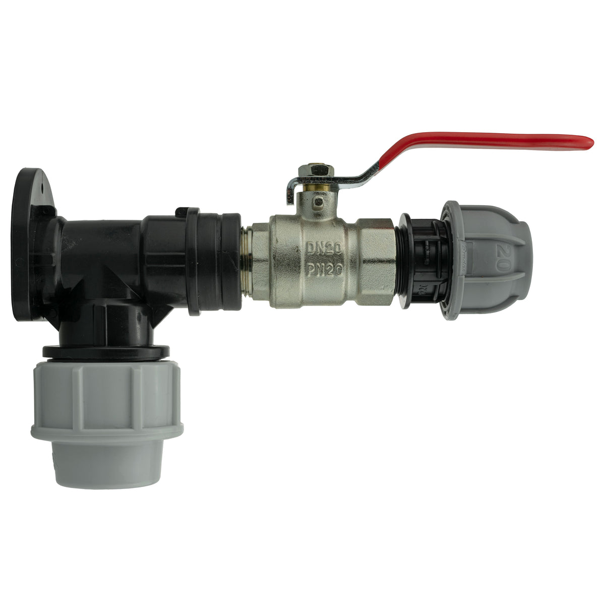 Wall Flange Kit 32mm MDPE + Lever Valve + 20mm MDPE Straight