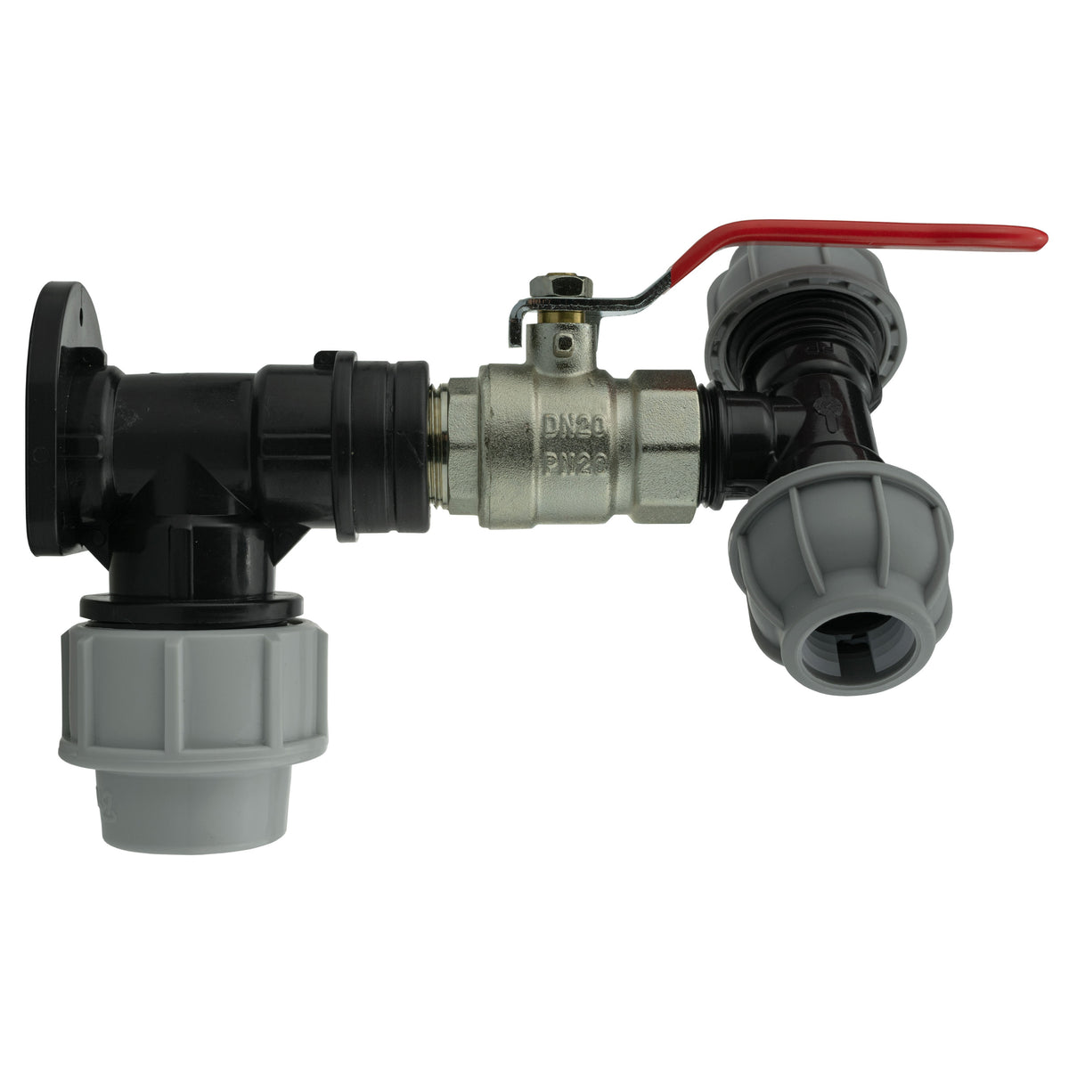 Wall Flange Kit 32mm MDPE + Lever Valve + 20mm MDPE Tee
