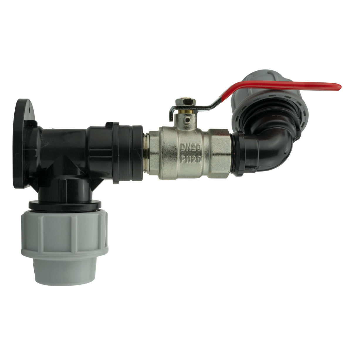 Wall Flange Kit 32mm MDPE + Lever Valve + 25mm MDPE Elbow