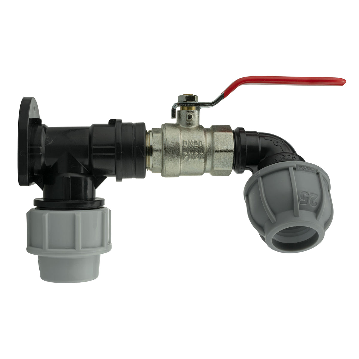 Wall Flange Kit 25mm MDPE + Lever Valve + 25mm MDPE Elbow