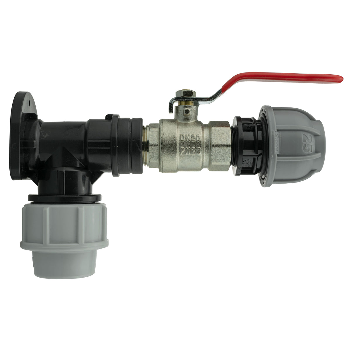 Wall Flange Kit 32mm MDPE + Lever Valve + 25mm MDPE Straight