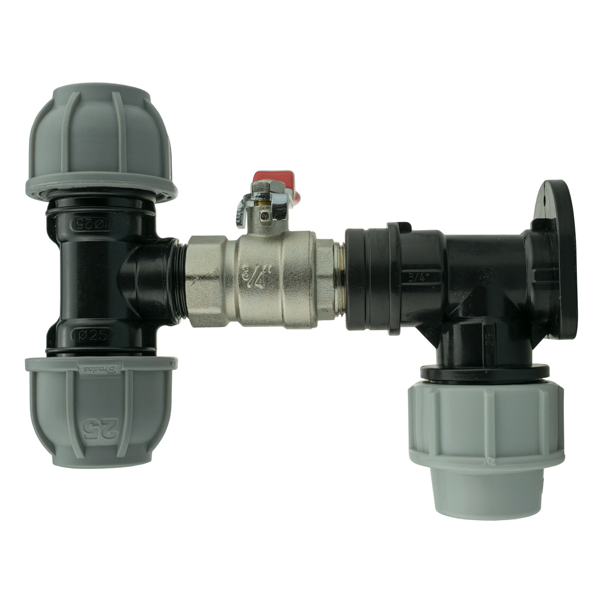 Wall Flange Kit 25mm MDPE + Lever Valve + 25mm MDPE Tee