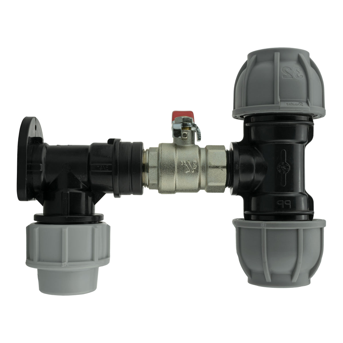 Wall Flange Kit 32mm MDPE + Lever Valve + 32mm MDPE Tee