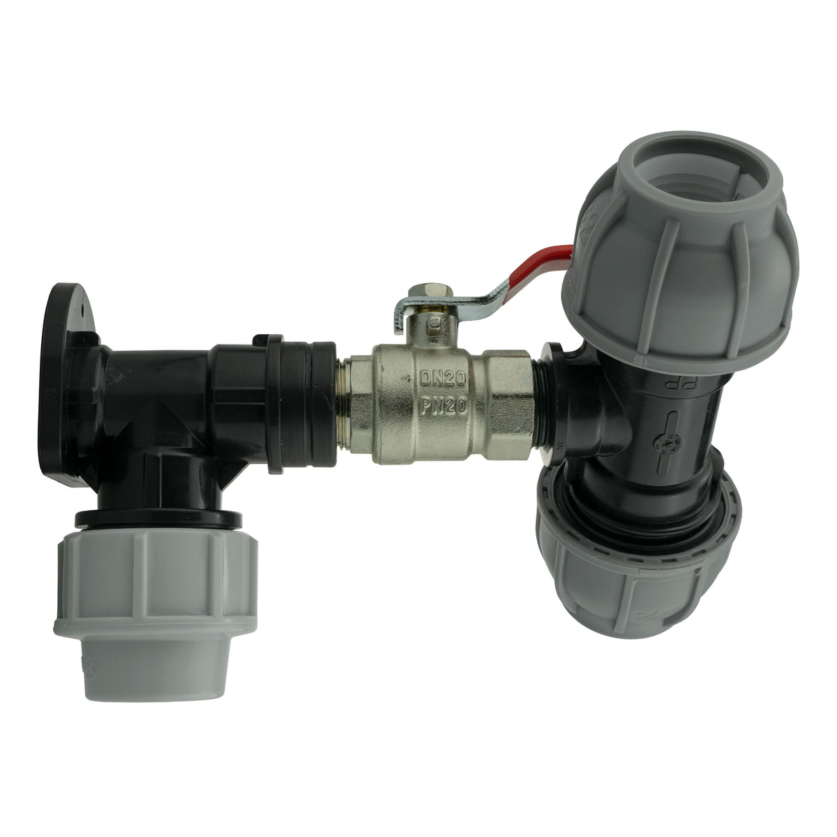 Wall Flange Kit 32mm MDPE + Lever Valve + 32mm MDPE Tee