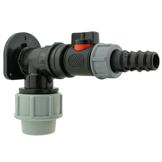 Wall Flange Kit 32mm MDPE + In-Line Valve + 20mm Barb