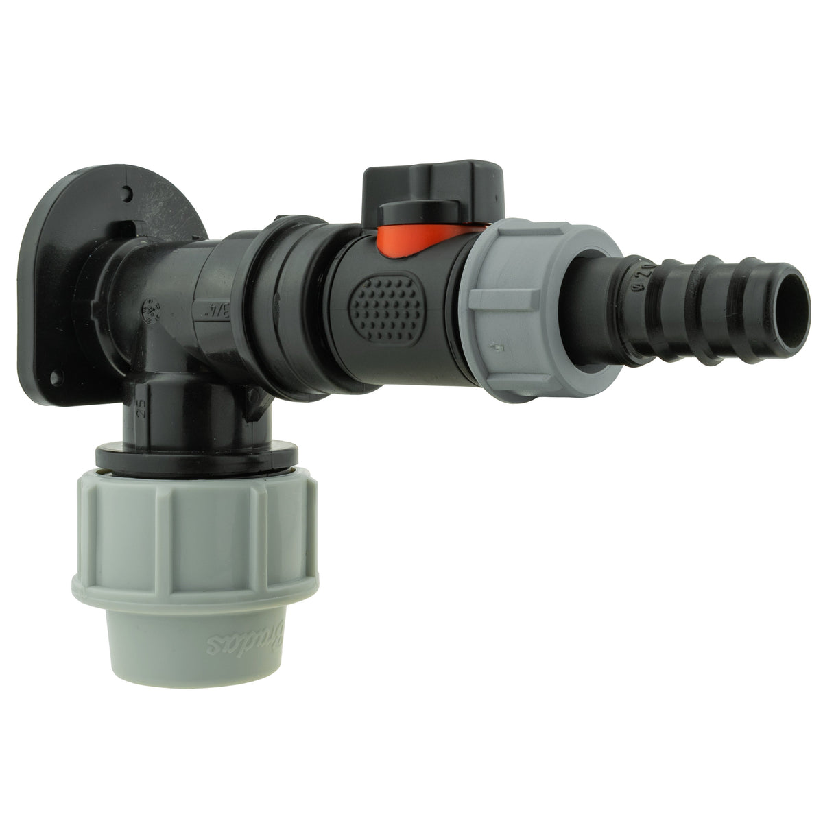 Wall Flange Kit 25mm MDPE + In-Line Valve + 20mm Barb