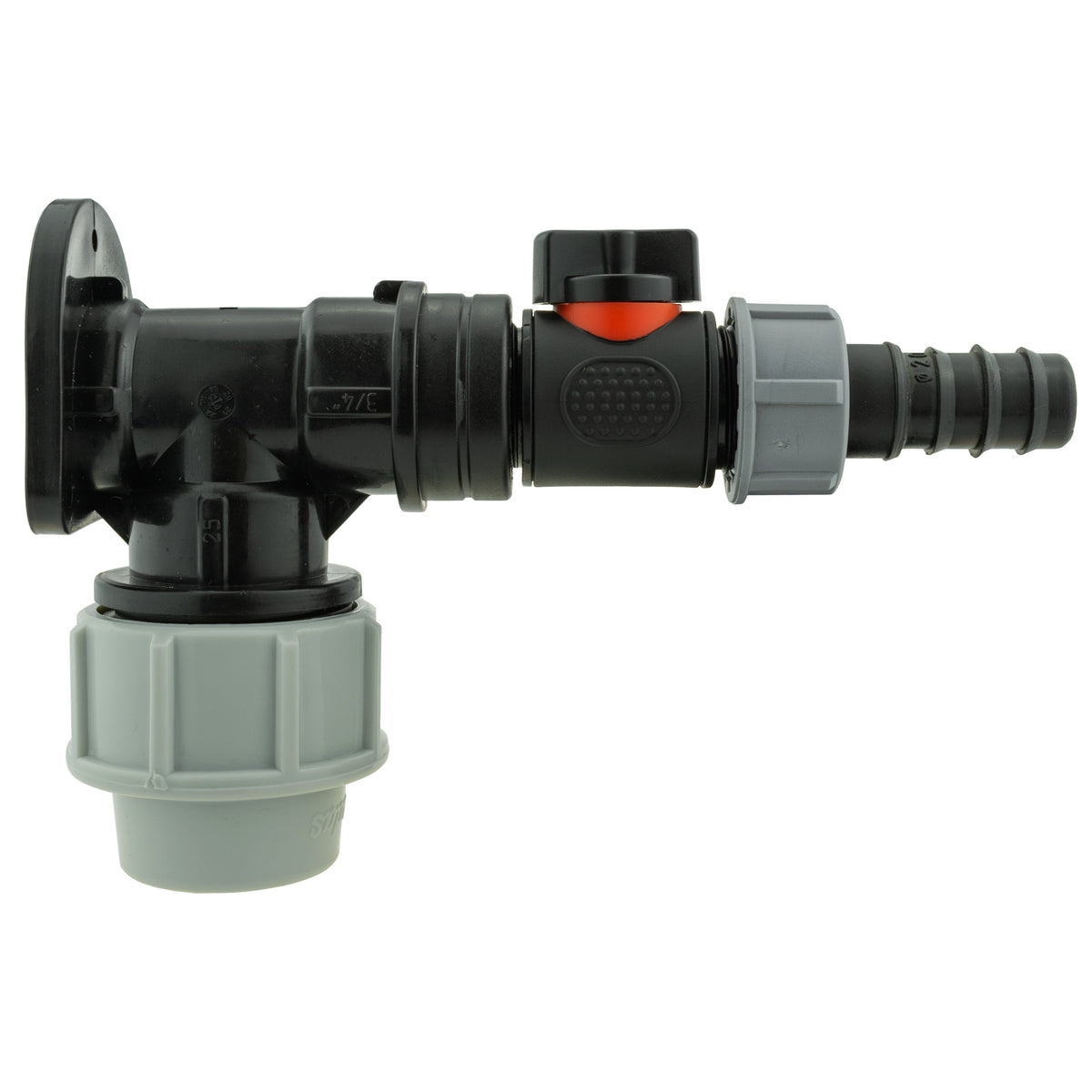 Wall Flange Kit 25mm MDPE + In-Line Valve + 20mm Barb