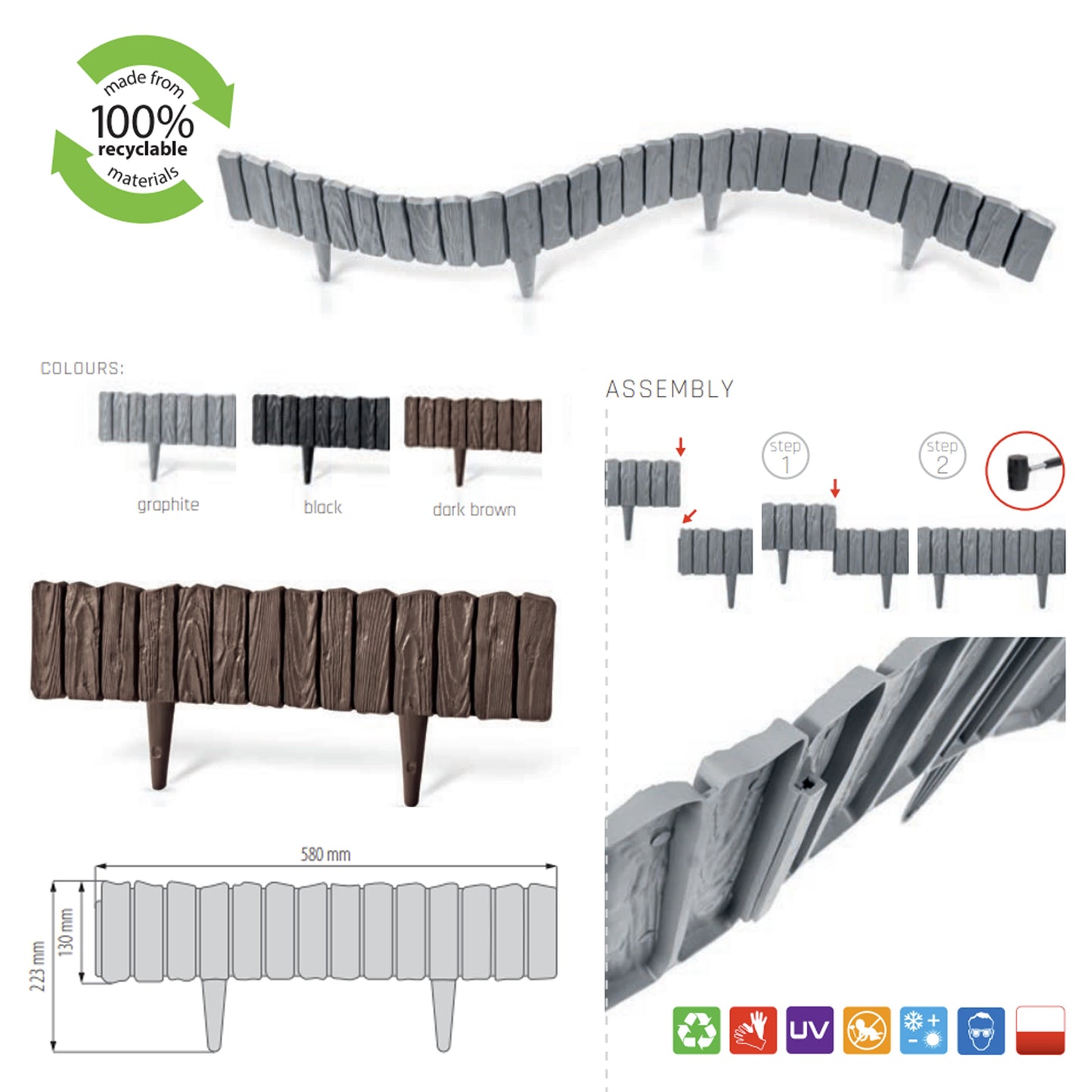 Lawn Edging, Plastic Palisade Wood Effect, 2.32m, Gray