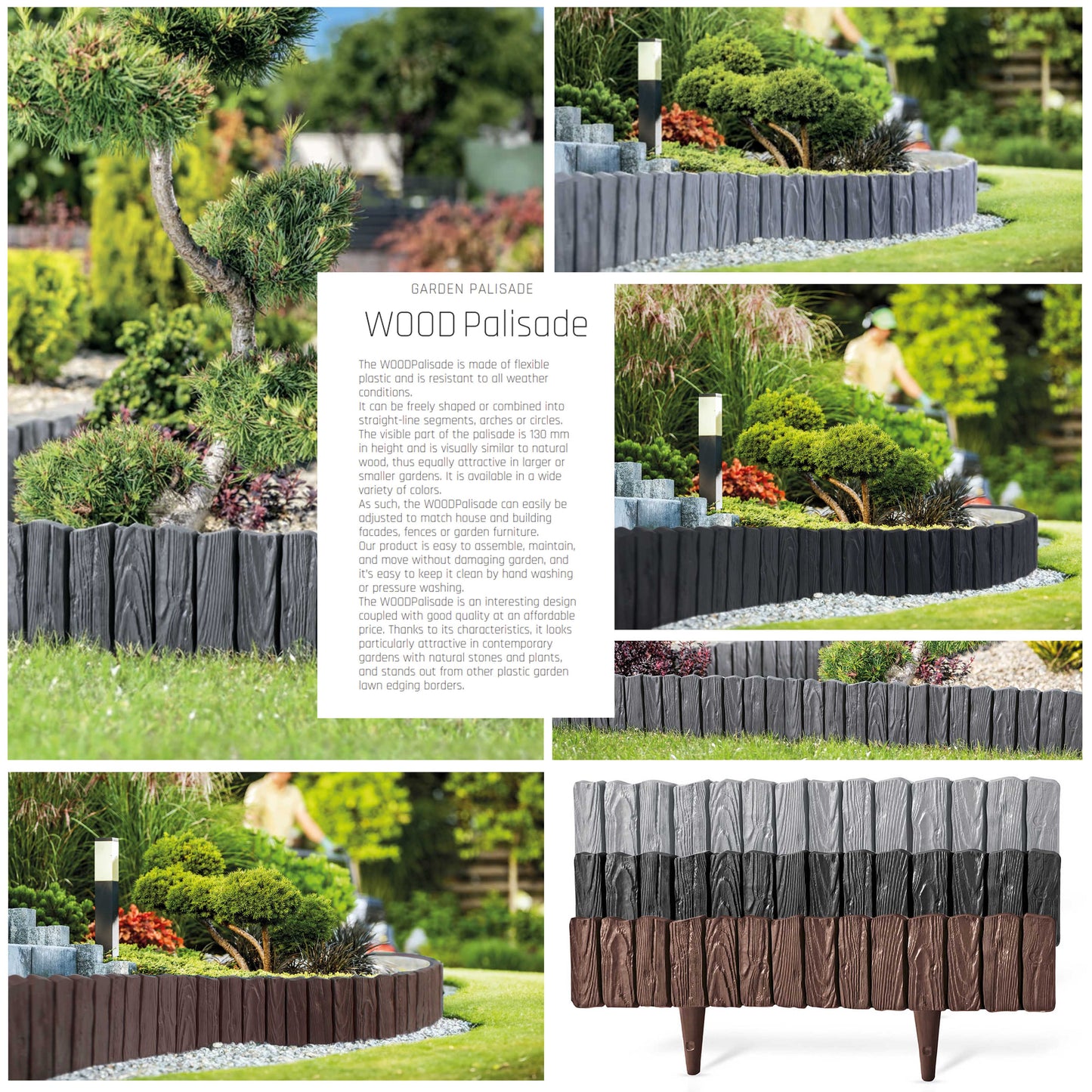 Lawn Edging, Plastic Palisade Wood Effect, 2.32m, Gray