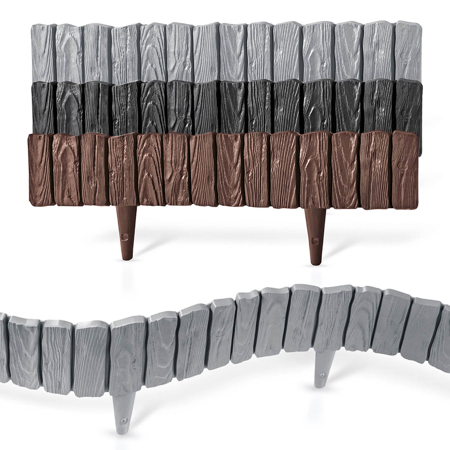 Lawn Edging, Plastic Palisade Wood Effect, 2.32m, Gray