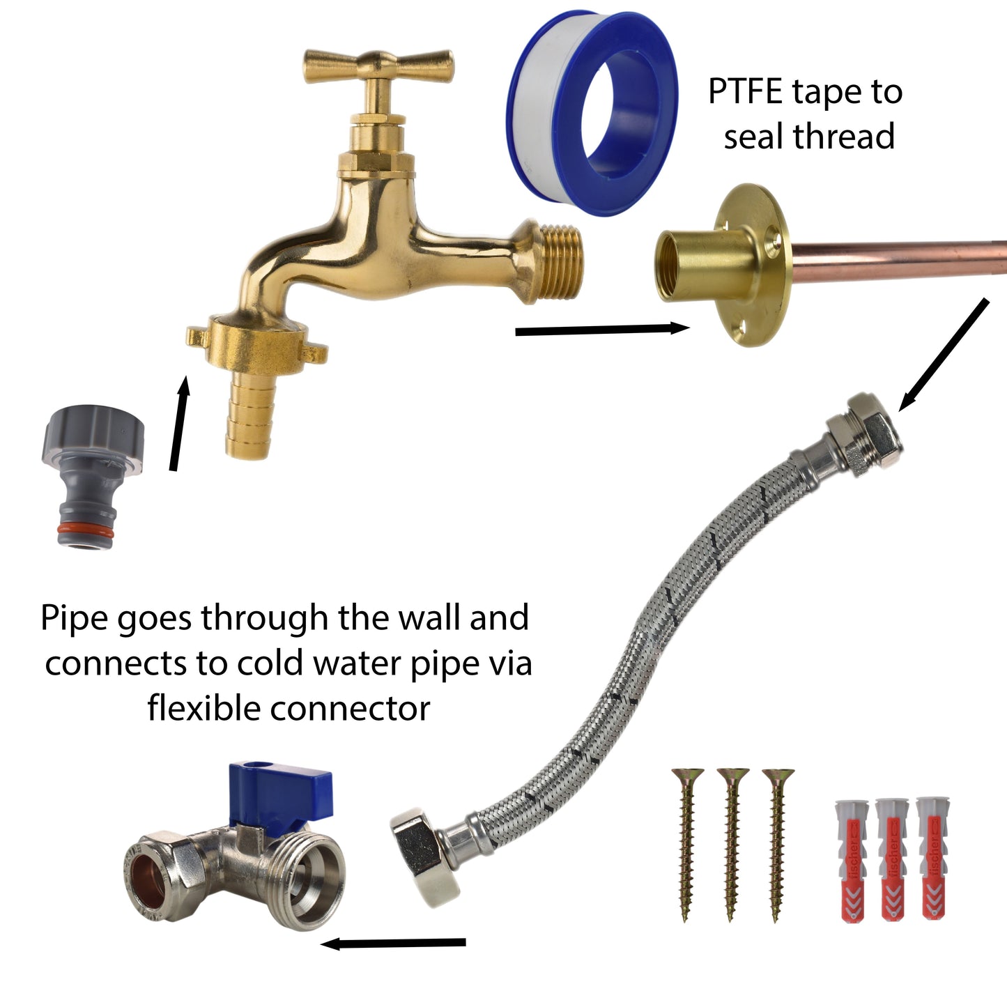 Polished Brass 13mm Barb Tap STANDARD Connection Kit