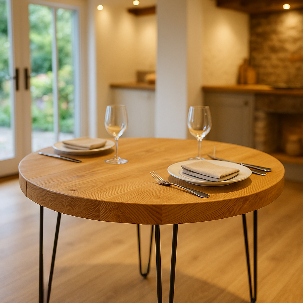 Solid Oak Round Dining Table With Hairpin Legs