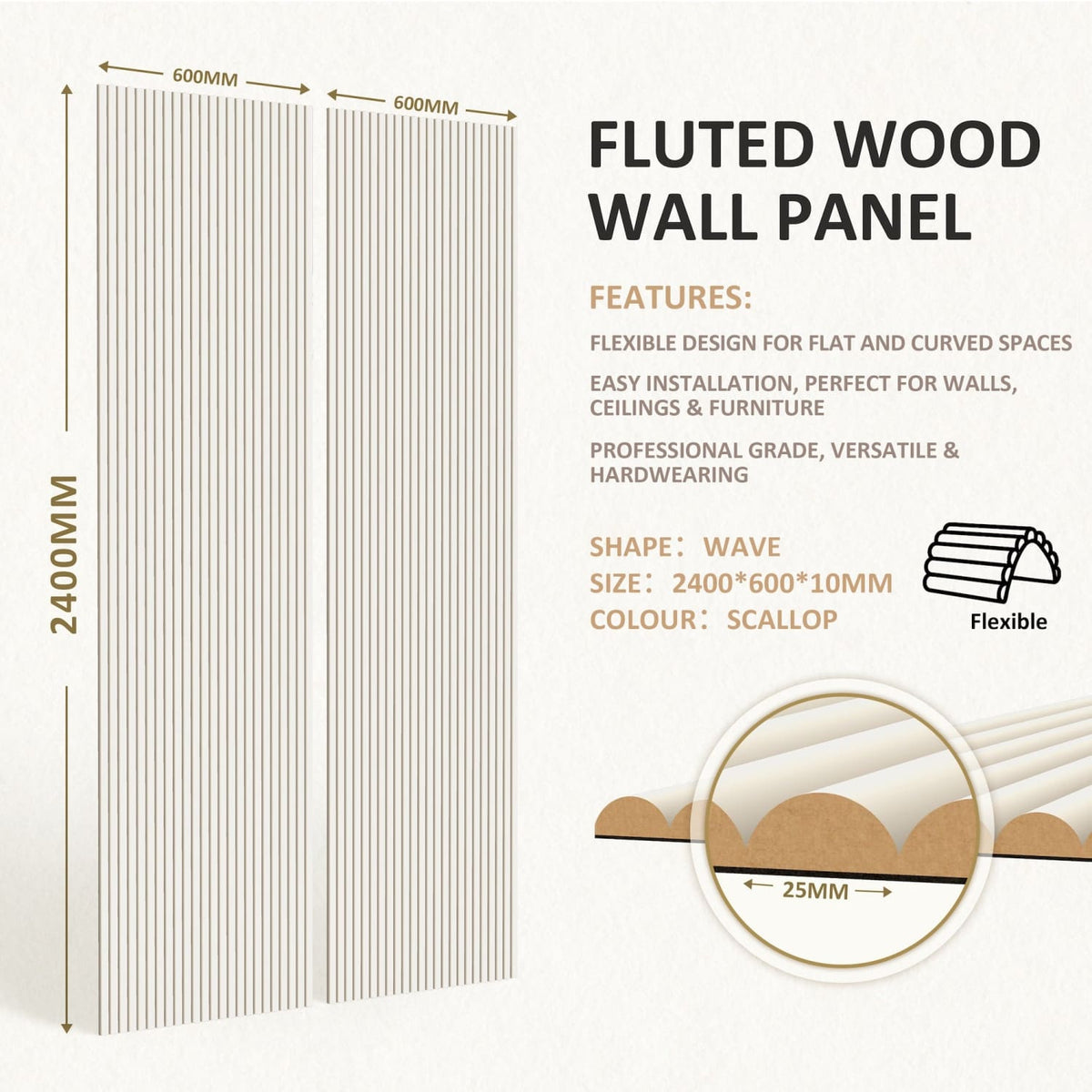 Large Fluted Wall Panels in Scallop - 240cm x 60cm
