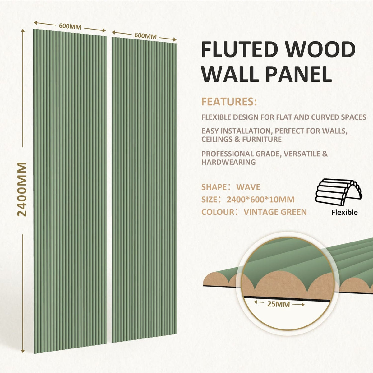 Large Fluted Wall Panels in Vintage Sage Green - 240cm x 60cm