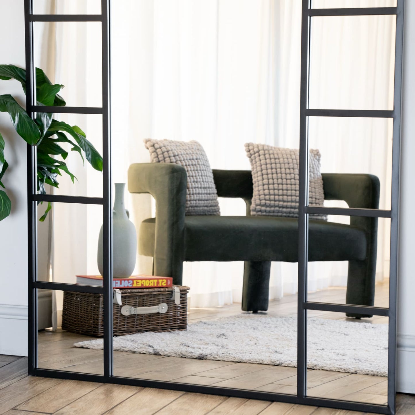 Mio - Full Length Black Metal Arched Window Mirror - 180cm x 105cm.