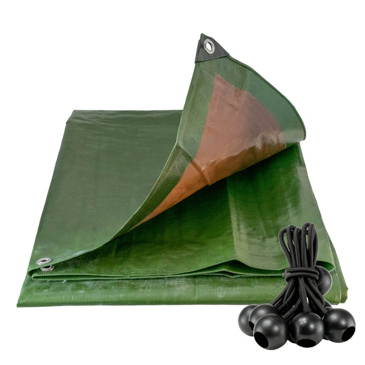 Green/Brown L-Grade Tarpaulin with 10 x 4" Bungee Balls (Black)