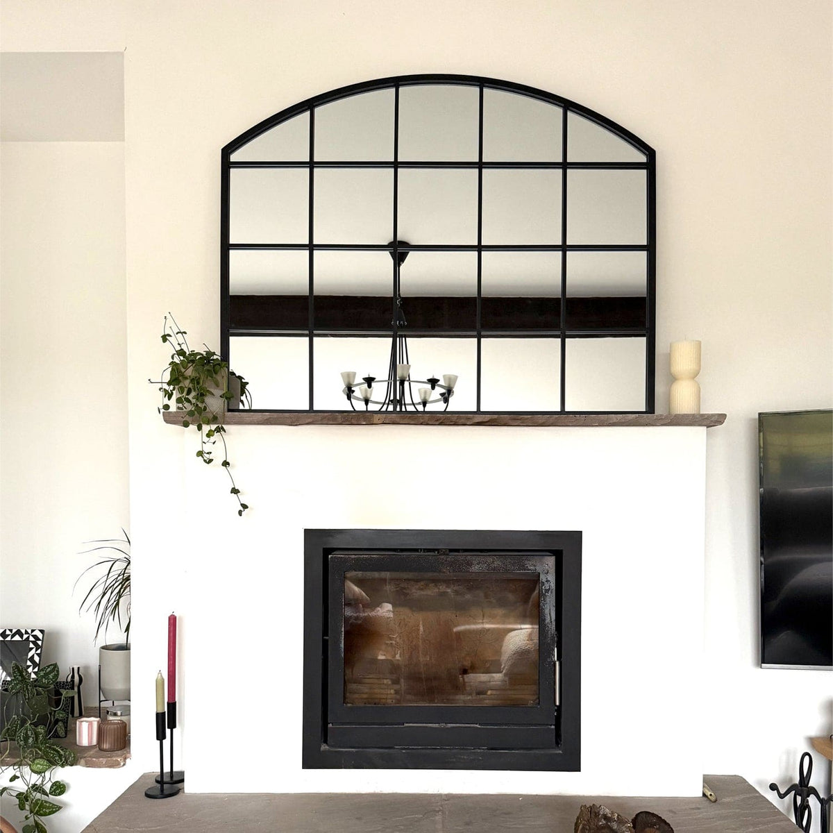 Tomi - Black Metal Arched Lattice Window Mirror - 95cm x 120cm
