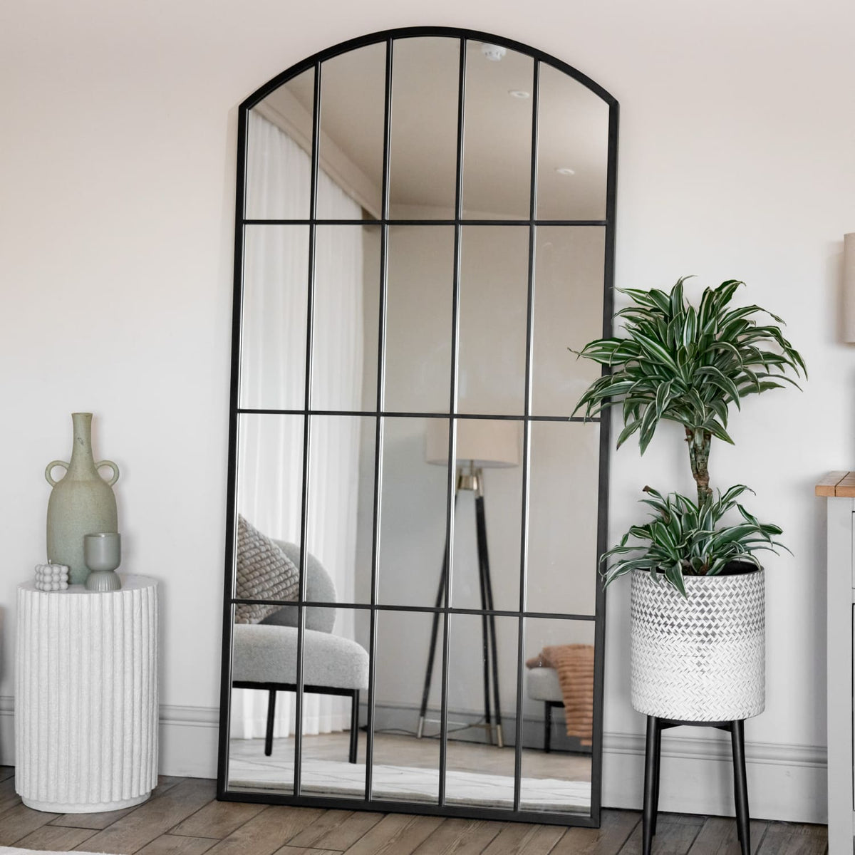 Tomi - Full Length Black Metal Arched Lattice Window Mirror - 180cm x 90cm