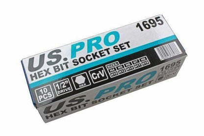 US PRO 1/2" Dr 10pc Hex Allen Bit Sockets, Socket Key Set H4 - H19 1695