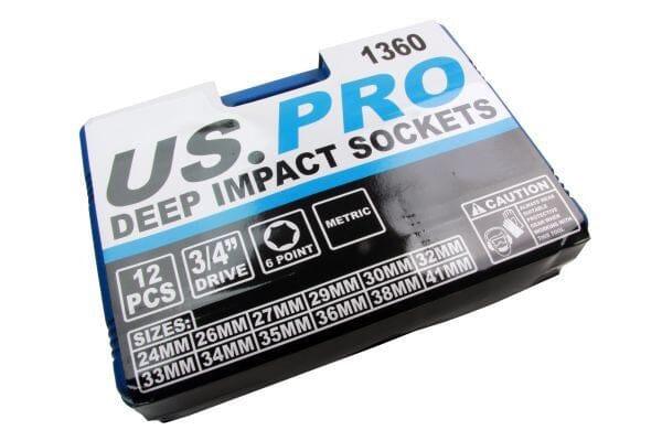 US PRO 12PC 3/4" DR 6PT Deep Impact Sockets Metric 24 - 41mm 1360