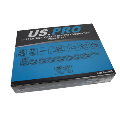 US PRO 20pc Metric Flex Gear Ratchet Combination Spanner Wrench Set 8 - 32mm 3985
