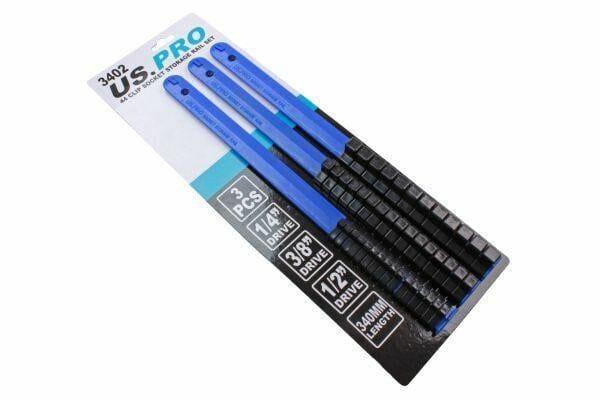 US PRO 3 Piece 1/4", 3/8", 1/2" Drive Socket Storage Rails - 44 Clips 3402