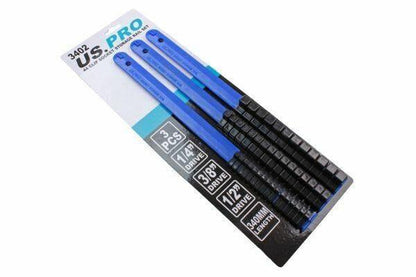 US PRO 3 Piece 1/4", 3/8", 1/2" Drive Socket Storage Rails - 44 Clips 3402