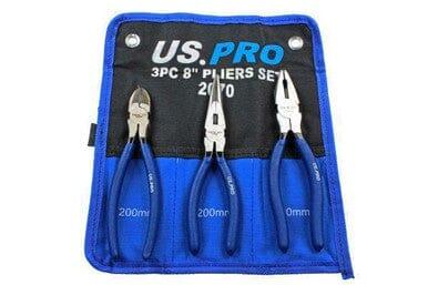 US PRO 8" 200mm 3pc Plier Set, Side Cutter, Long Nose, Combination Pliers 2070