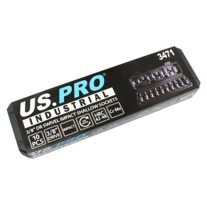 US PRO INDUSTRIAL 10pc 3/8” Dr 360° Swivel Impact Shallow Sockets 10-19mm 3471